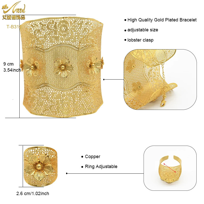 ANIID 24K Dubai Gold Plated Bangle Bracelet With Rings For Women Bridal African Jewelry Wedding Ethiopian Bracelets 251031
