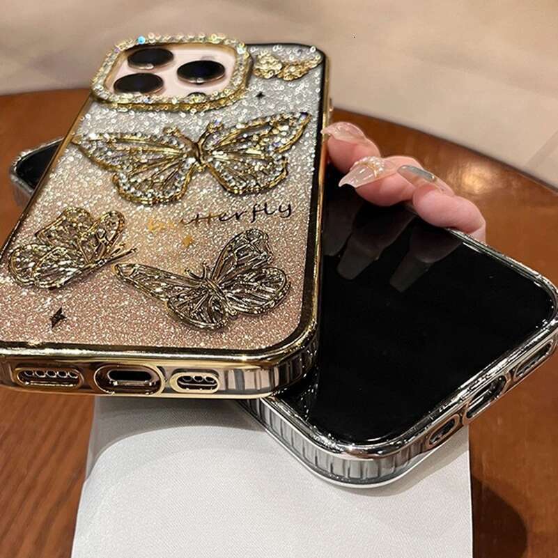 Women Girl's Dia Butterfly Phone Case for iPhone 11 12 13 14 15 Pro Max 16 Plus Transparent Plating Soft Silicone Cover