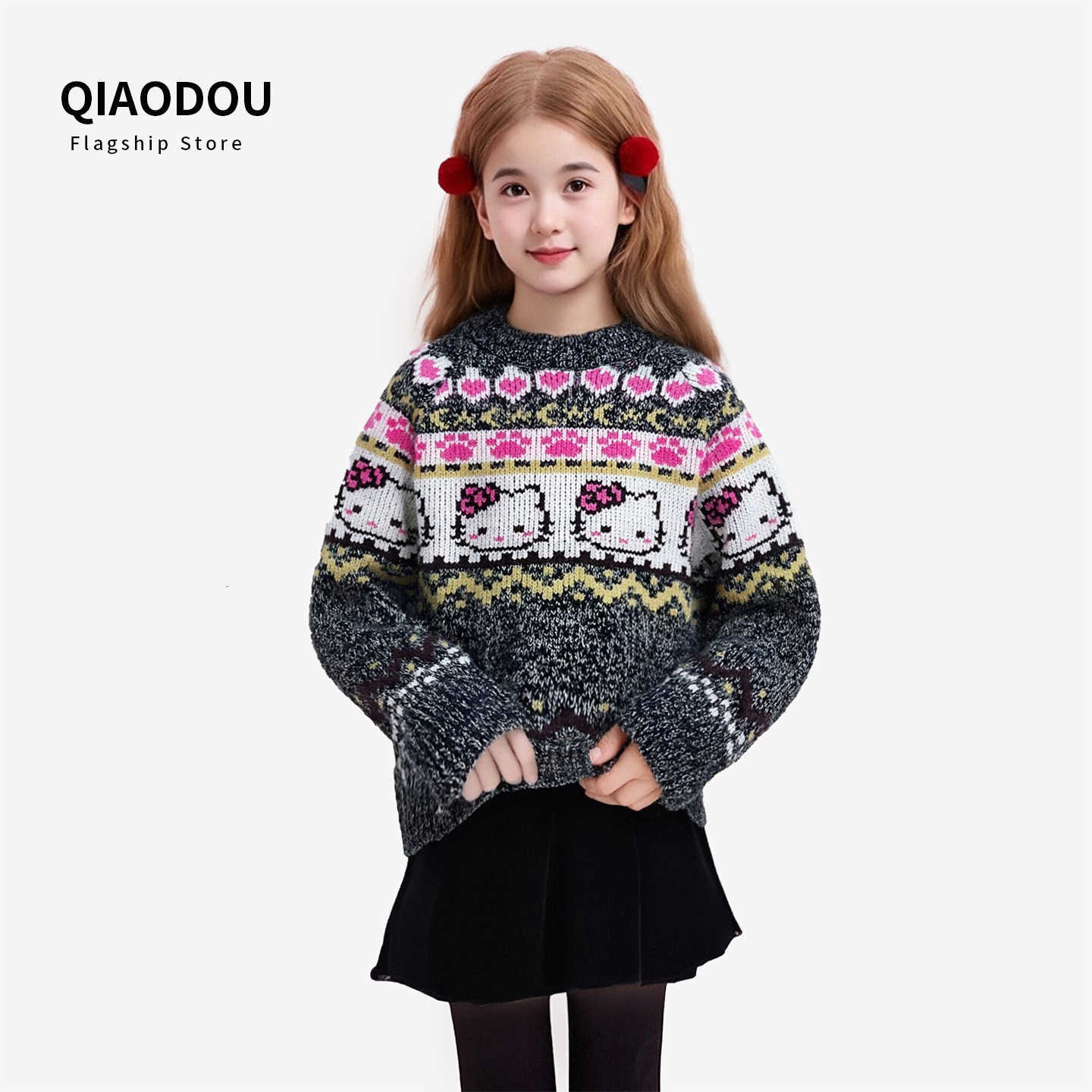 Sanrio Girls Sweater Autumn Winter 2025 New Stylish Childrens Winter Thickened Warm KT Cat Knitted Base Shirt H251105