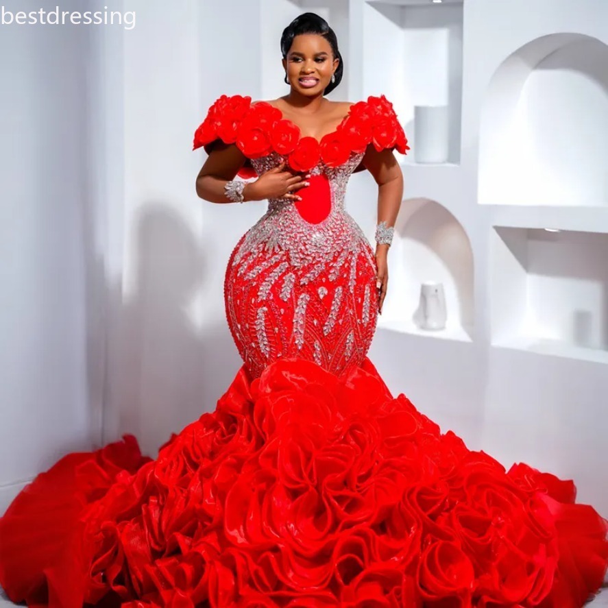 2025 Plus Size Red Prom Dresses New Mermaid Evening Dresses Illusion Luxurious Sheer Neck Ruffles Bead Lace Crystals Birthday Party Dress Second Recep