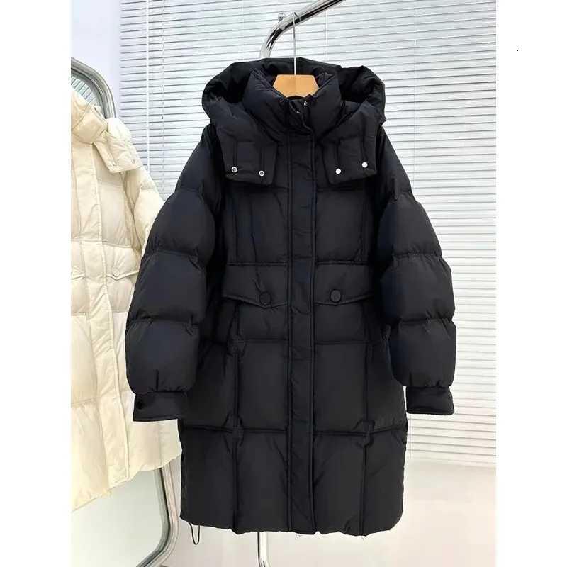 Autumn Winter New Down Jacket Womens Mid-length Hooded Thick Loose White Duck Down Warm CoatT251105