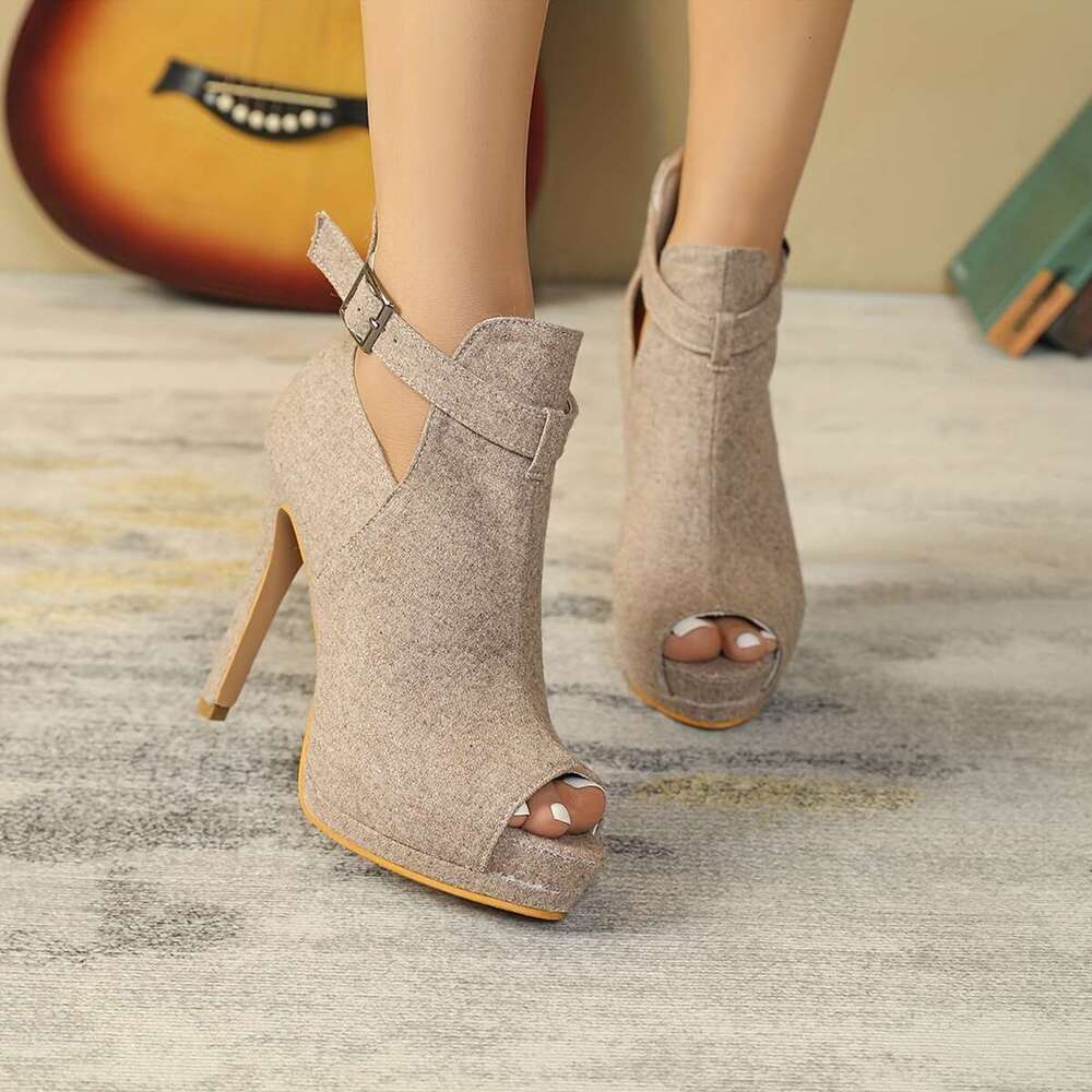 Women's Solid Color Stiletto Heels, Fashion Peep Toe Back Zipper Pumps, Sexy & Stylish Buckle Strap Heels