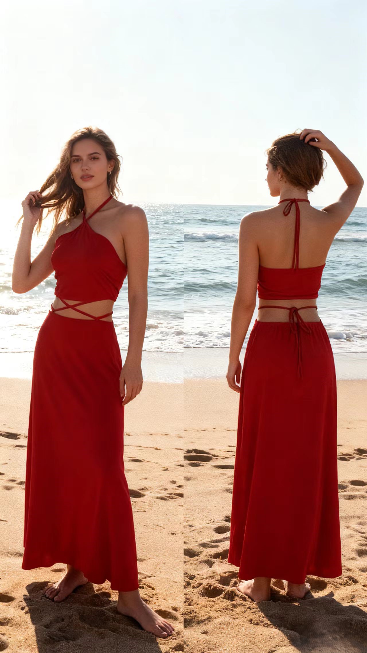 Red Halter-Neck Cross-Back Strappy Maxi Dress - Beachy Vacation Style Sexy Fitted Sleeveless Dress