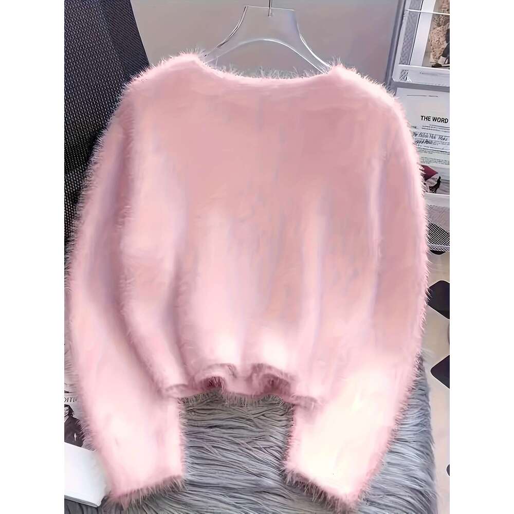 Elegant Fur Cardigan Plus Size Women's Elegant White Faux Fur-Lined Cardigan | Button-Front Sweater With Black Buttons, Round Neck Long Sleeve Fa