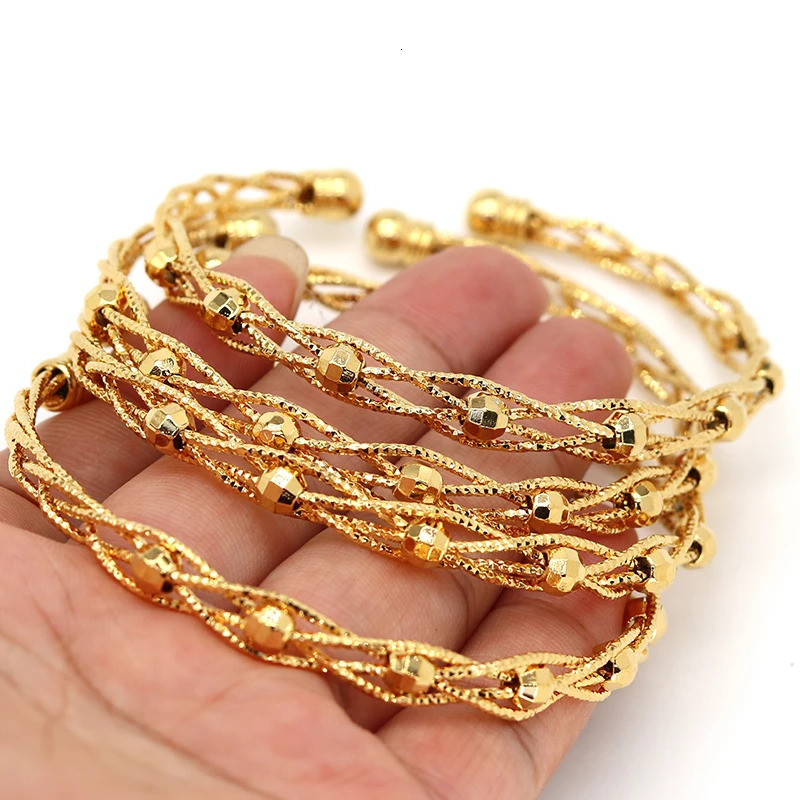 4pcs Trendy Bead Gold Color Saudi Bangles For Girls 24K Ball Copper Bracelet Women Girl Africa Bangles Wedding jewelry 251031