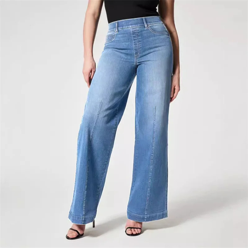 Fashionable wide leg mid waist elastic jeans for women washed denim pants commuting trend casual Trouser splicing legs 250403