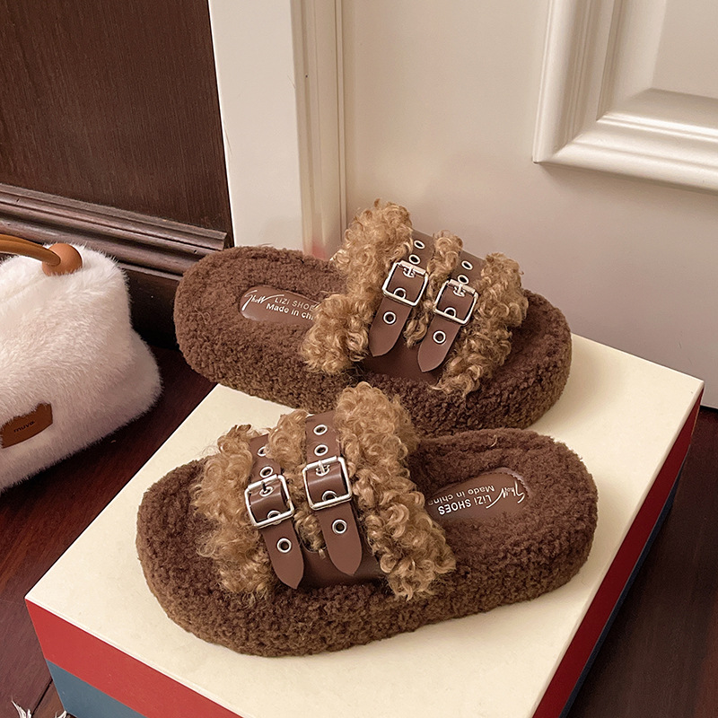 2025High-end belt buckle thick-soled wool slippers women's new retro versatile fleece warm home slippers
