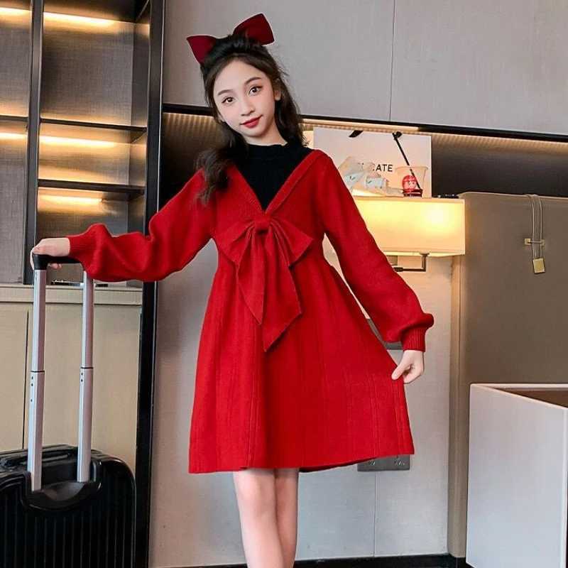 2025 New Years Red Princess Knit Dress for Toddler Girls Stylish Autumn/Winter Elegant Woolen Outfit C251105