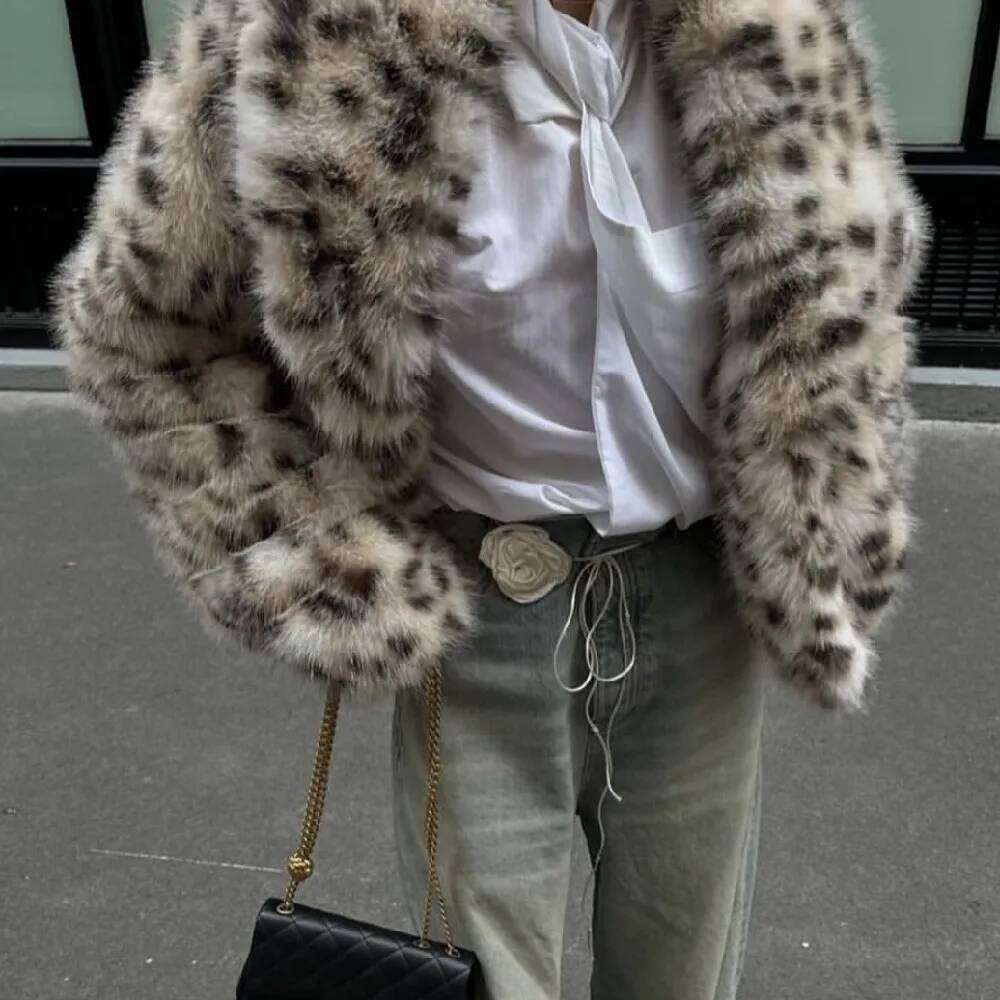 New Winter Hairy Beige Leopard Faux Fur Coat CHIC Women Lapel Collar Hook Buttons Full Sleeve Shaggy Loose Short Outerwear