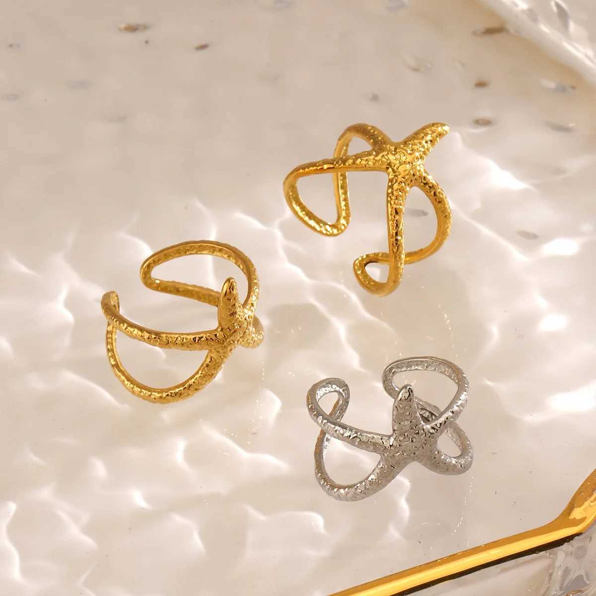 LATS Beach Style Stainless Steel Starfish Open Ring for Women Men Metal Waterproof Fashion Gold Silver Color Jewelry Gift Z250407
