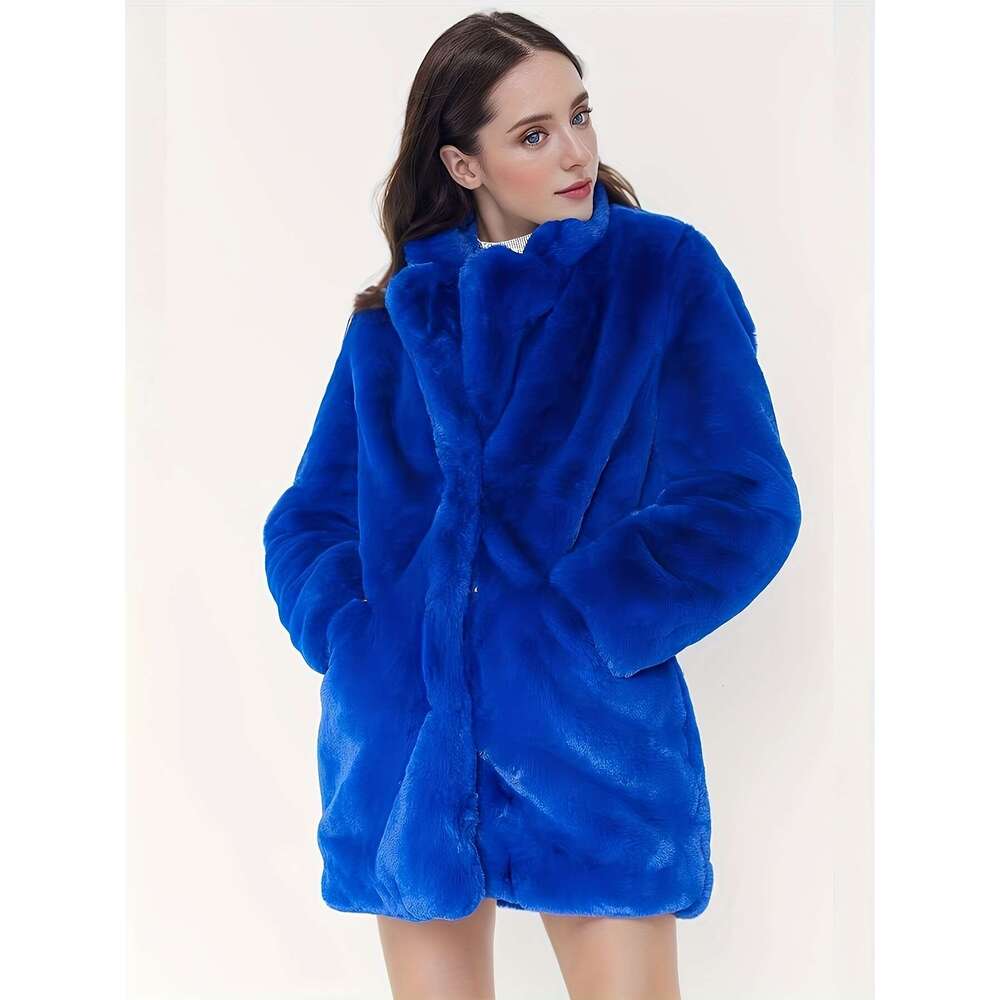 Women's Elegant Mid-Length Faux Fur - Long Sleeve, Button-Up Front, Pockets, Non-Stretch Fabric, Solid Color, Winter Coat For Fall & Winter, Casu