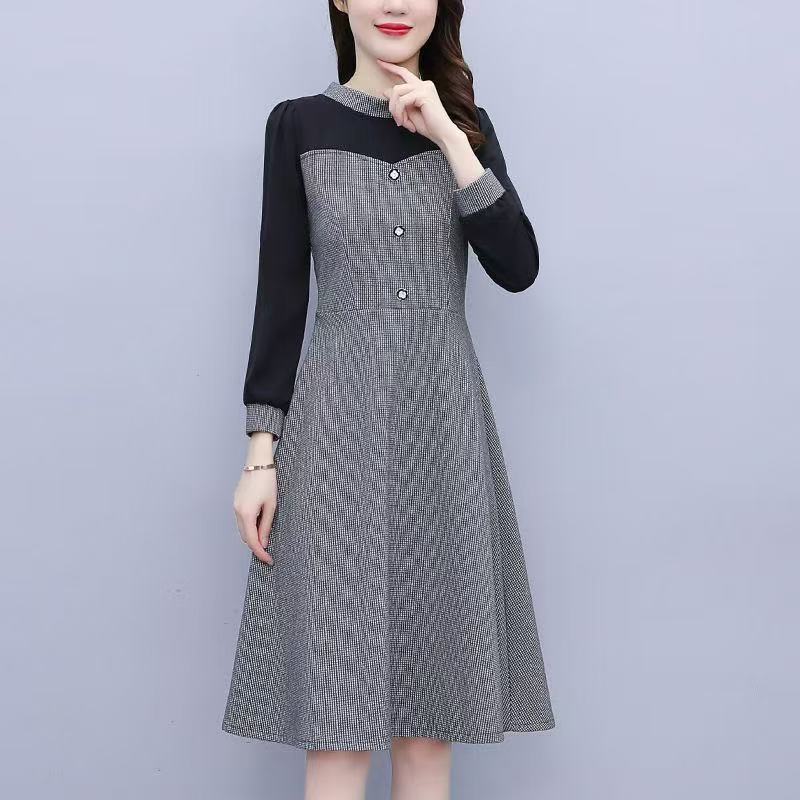 plus size women's new long sleeve high waist printed banquet dress mid-length skirt D02795