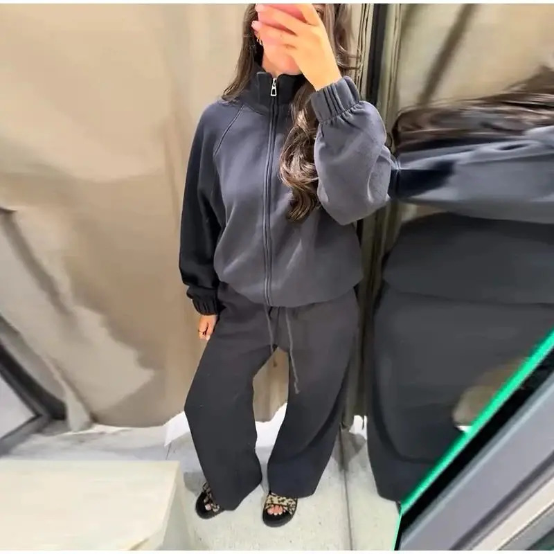 Casual Solid Womens Jacket Pant Set Women Zipper Full Sleeve Stand Collar Coat Drawstring Loose Trouser 2025 Autumn Lady Outfit 251105
