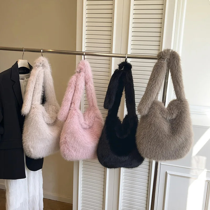 Solid Color Womens Soft Plush Shoulder Bags Simple Winter Faux Fur Tote Underarm Bags Large Capacity Female Furry Messenger Bag 251104