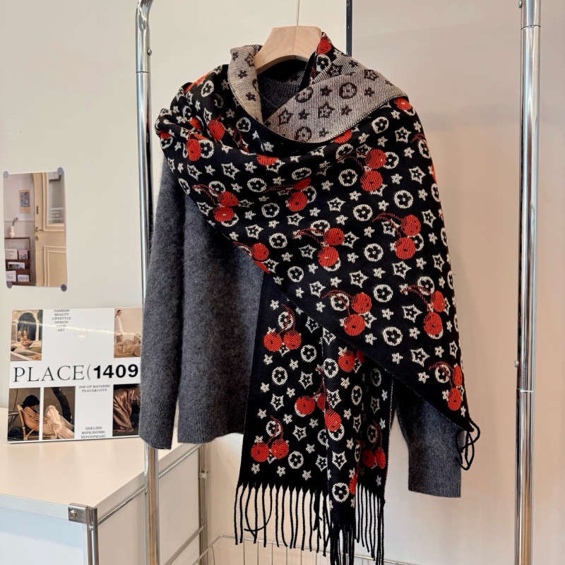 Vintage Style Cherry Blossom Double Sided Scarf Ladies Autumn And Winter Warm Tassel Shawl Scarf Fashionable And Versatile Imitation Cashmere Scarf