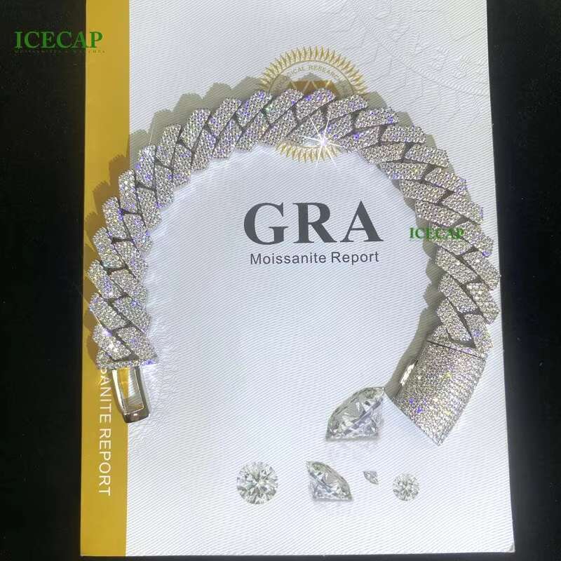 15mm 3Rows VVS Moissanite Miami Cuban Chain Pass Diamond Test 925 Sterling Silver Bracelet White Gold Cuban Link Chain Necklaces