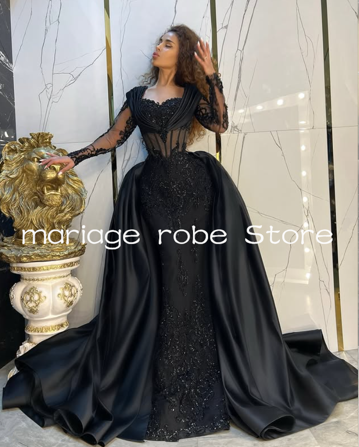 Black Mermaid Middle East Prom Gala Dresses with Detachable Train Sparkly Applique Long Sleeve Evening Formal Gown Customsized