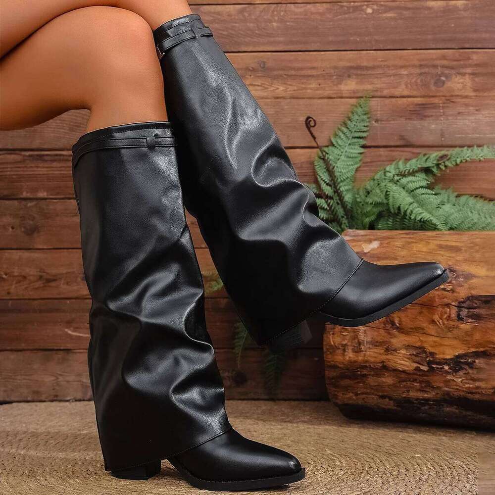 Fashion Fold Over Knee for Women Slip On Chunky High Heel Shark Boots Woman Wide Leg PU Leather Long Botas Mujer 2025