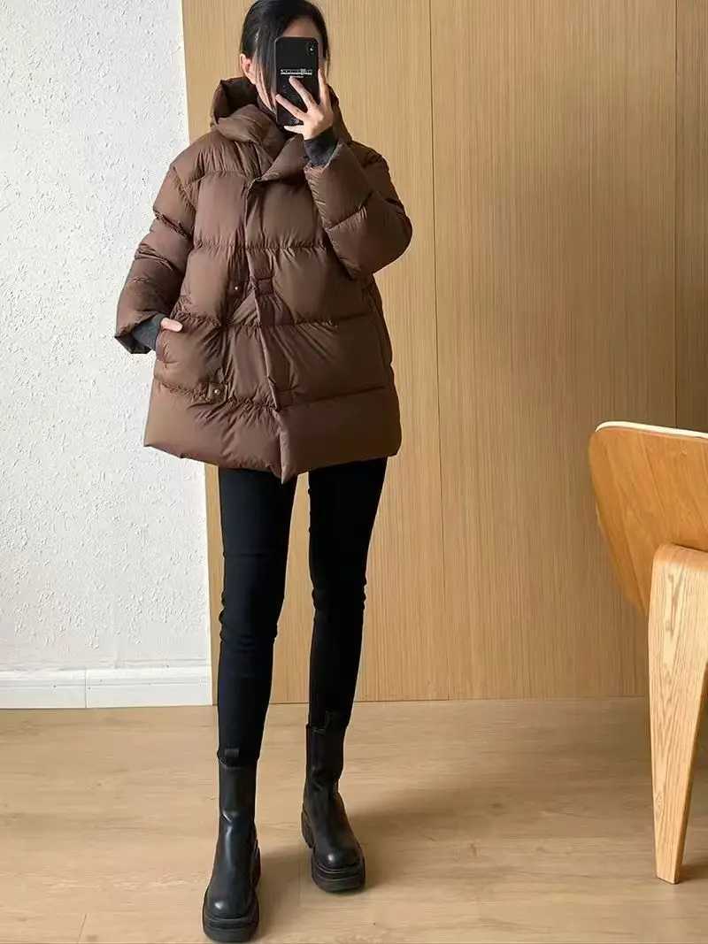 Mid-length Coats for Women Loose Hooded Outerwear Feather Coats Casual and Simple Korean Fashion Winter 2024T251105