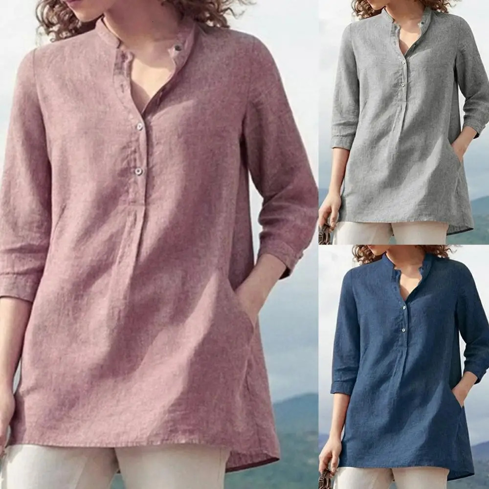 Elegant Cotton Linen Shirts Women Casual Solid Button Lapel Blouses Shirts Autumn Winter 3/4 Sleeve Loose Tops Tunic Blusas 250402