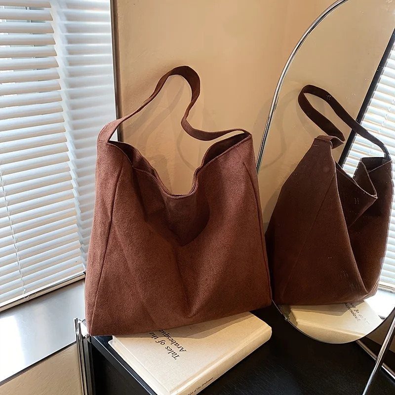 Vintage Soft Faux Suede Handbag Magnetic Clasp Fixed Strap Machine Washable Tote Bag for Womens Work Travel Shoulder Purse 251104