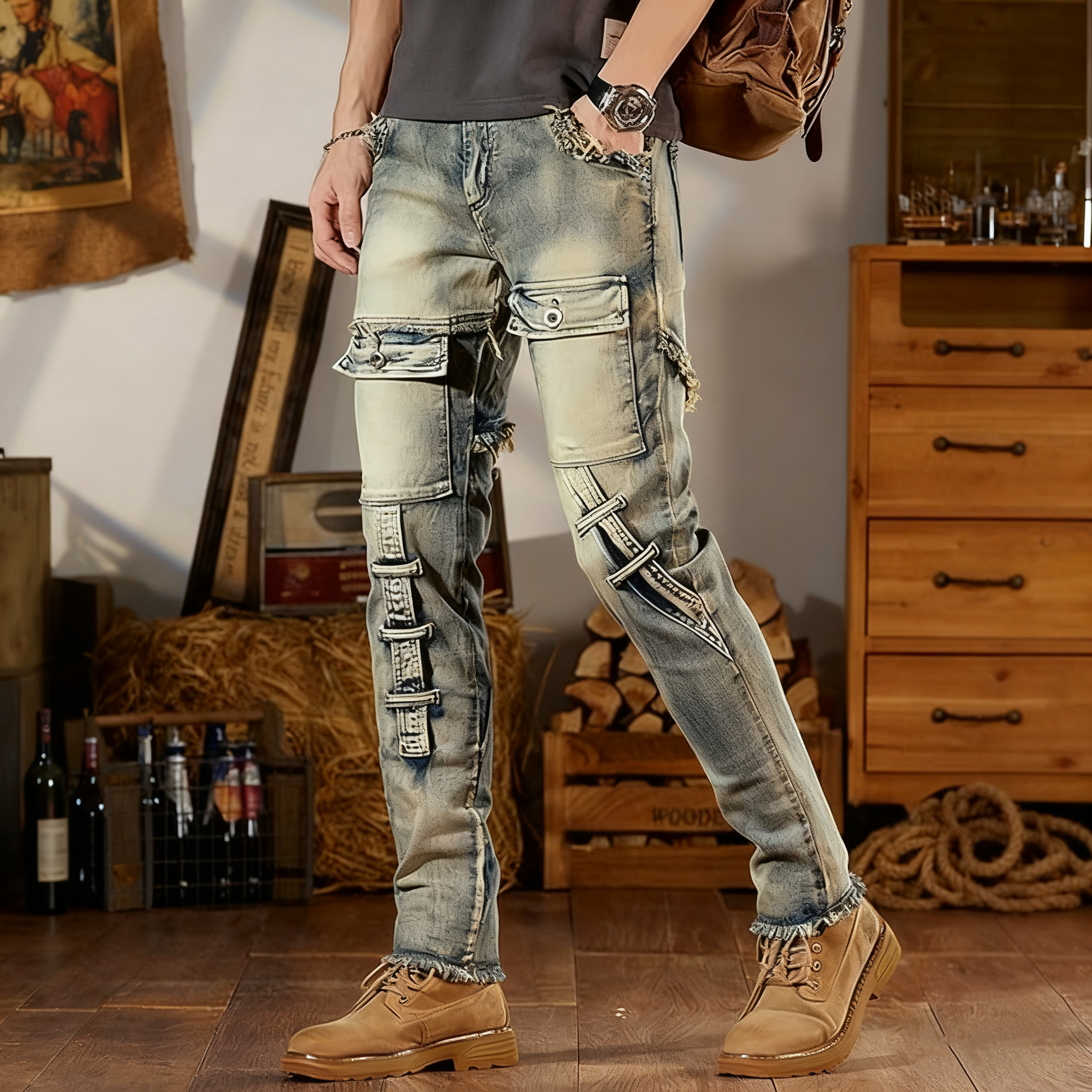 Designer Men's Jeans European And American Retro Motorcycle Multi Pocket Jeans Men's Trend Splicing High Quality Slim Fit Small Leg Pants Me