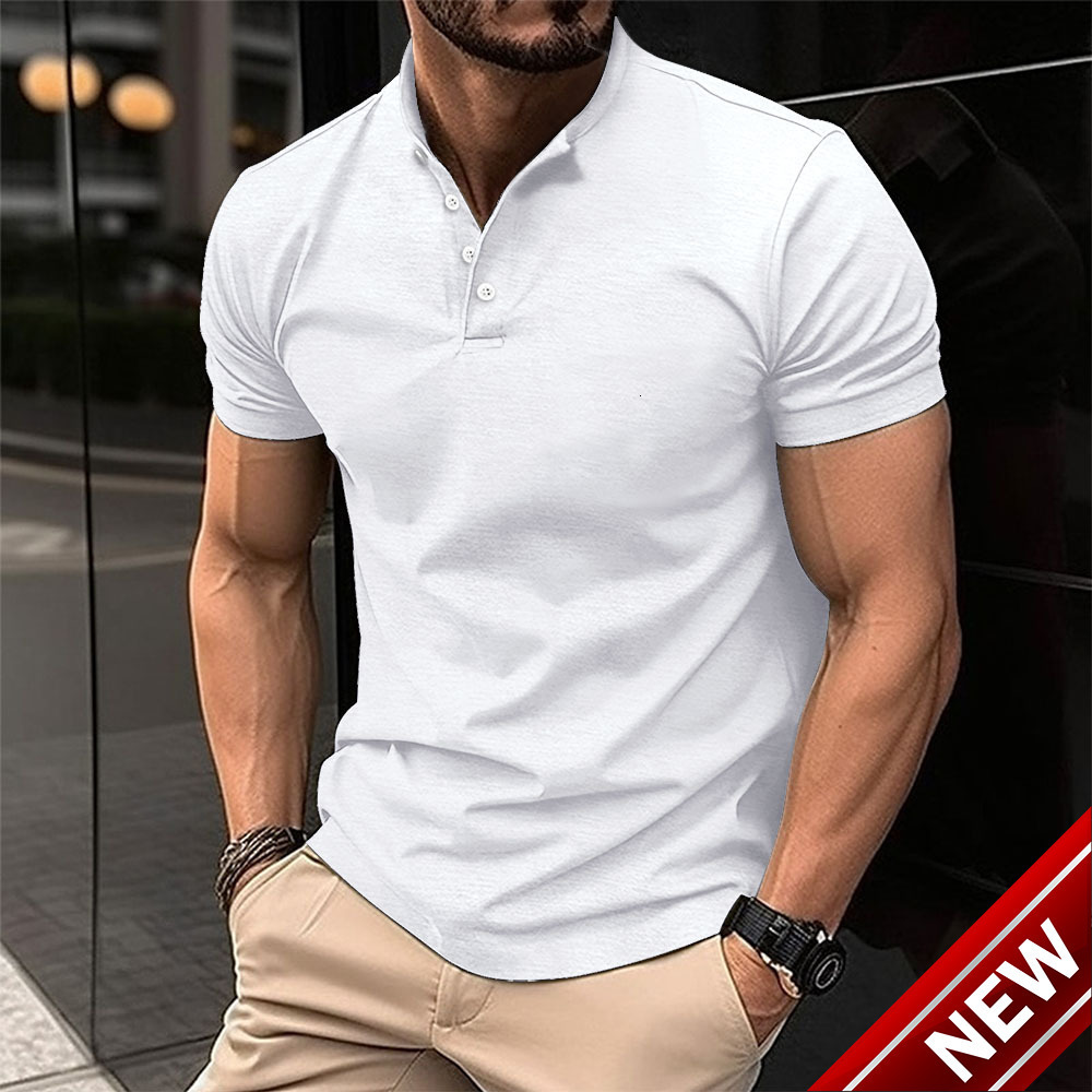 Mens digital printed solid color casual short sleeved pullover buckle T-shirt polo shirt top