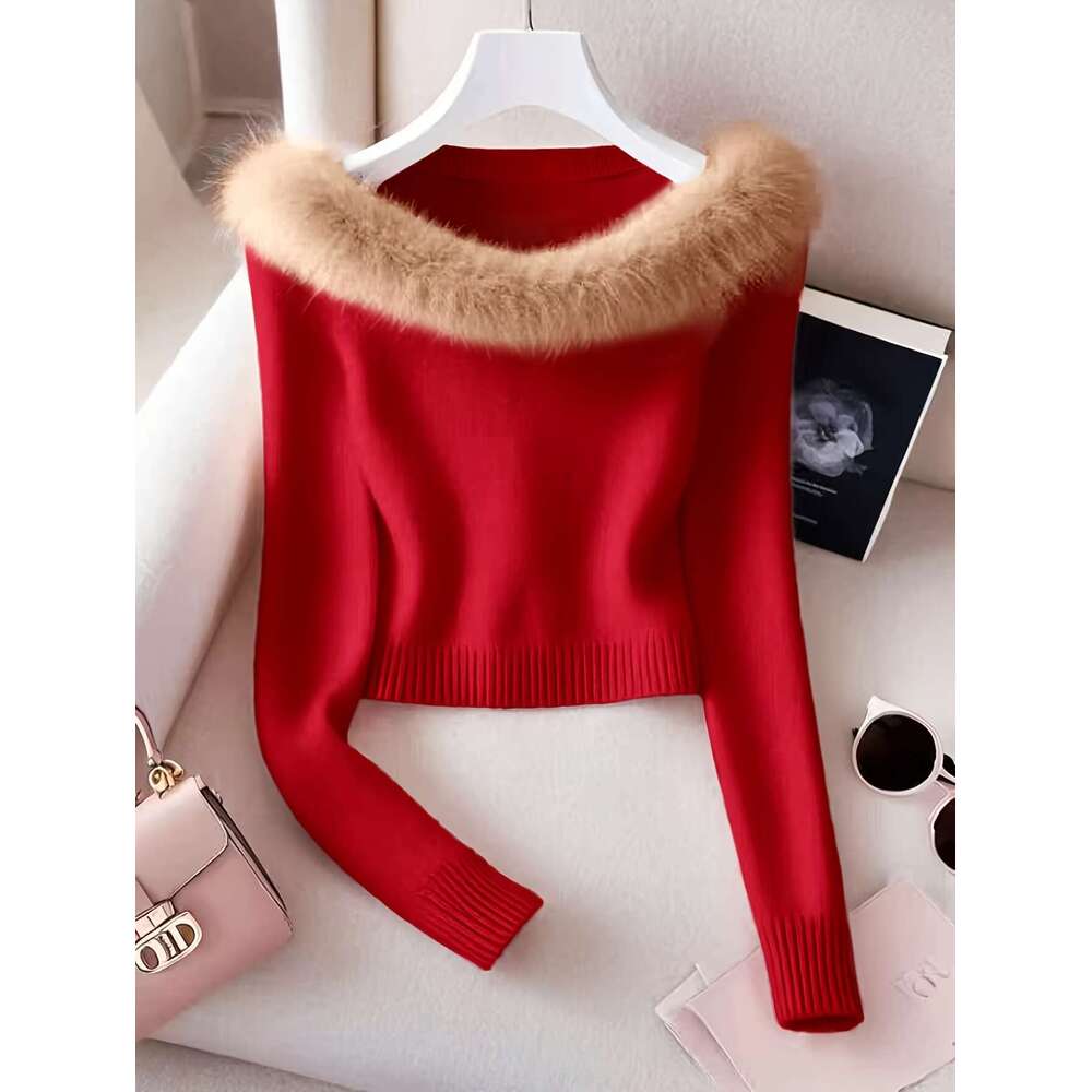 Women's French-Inspired Elegant Off-The-Shoulder Sweater With Faux Fur Trim - Soft Pink Long Sleeve Top, Medium Stretch For All-Season Casual & F