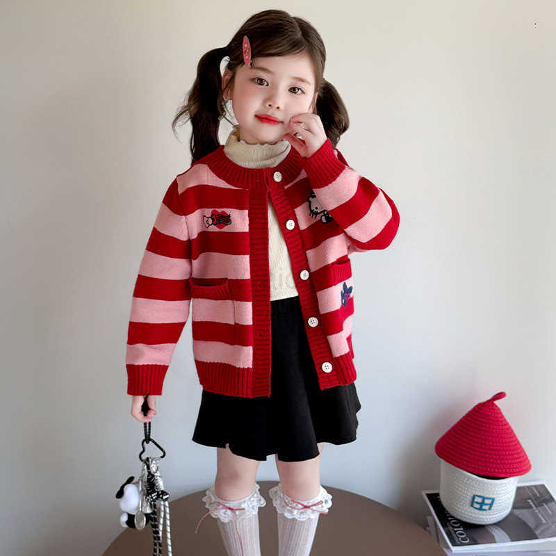 Sanrio Girls Knitted Cardigan Jacket 2025 Autumn New Baby KT Cat Cartoon Striped Sweater Loose Top Spring Autumn H251105