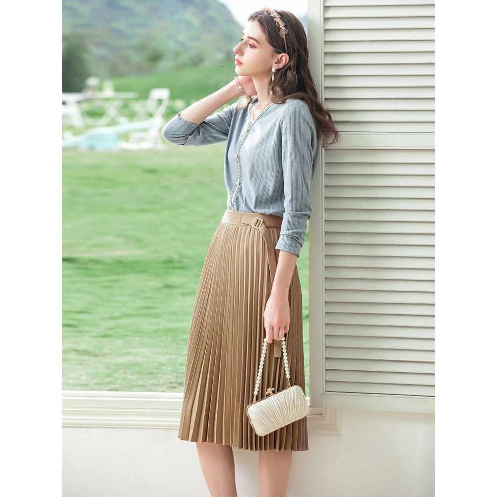 Pleated Skirt For Women Office Lady Slim High Waist A-E Skirts Fashion Elegant Female Bottoms