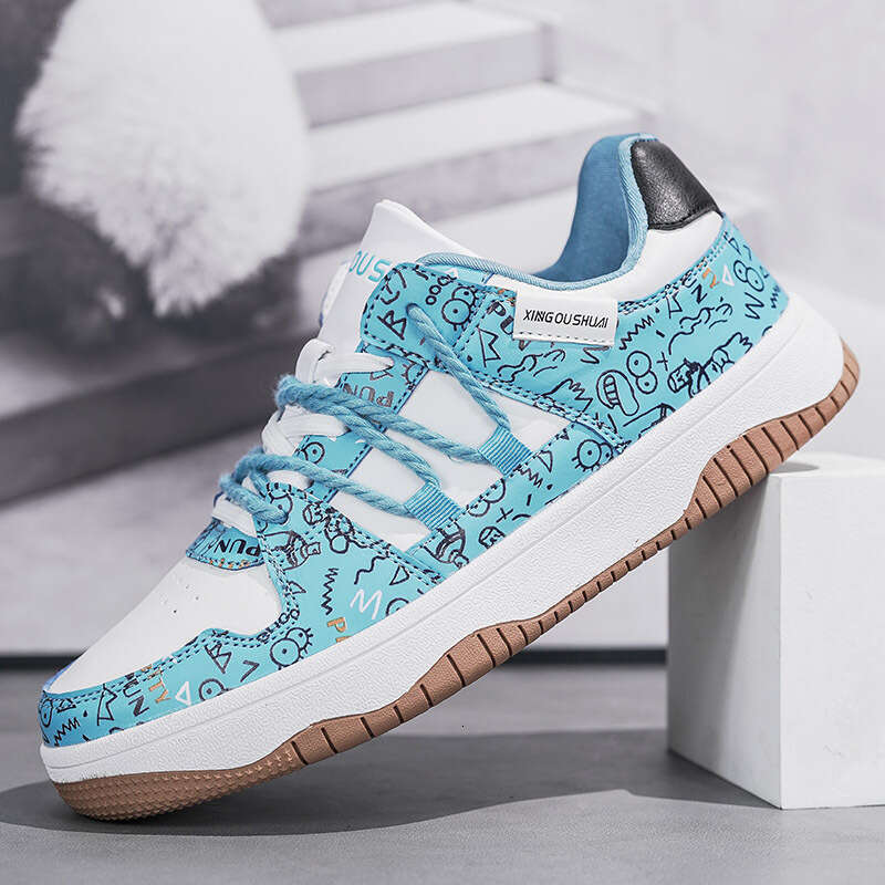 Large sized student color blocked board low cut lace up casual white shoes, Korean version leather face trendy single shoes H22