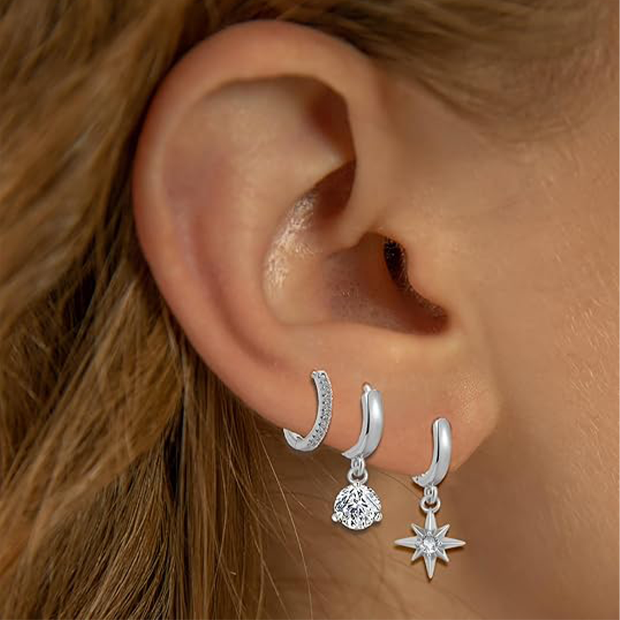Huggie Hoop Earrings Silver Plated Small Dangle Hoop Earrings Heart Pearl Star Flower CZ Cartilage Earring Sets for Multiple Piercing Stacks Stud Hoop