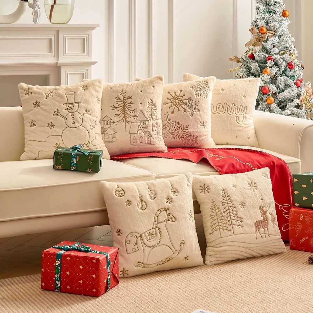 Simple Christmas Embroidered Beige Pillowcase Cojines Plush Winter Sofa Cushion Cover 45x45cm Headboard Pillowcases Decor Home Y251105