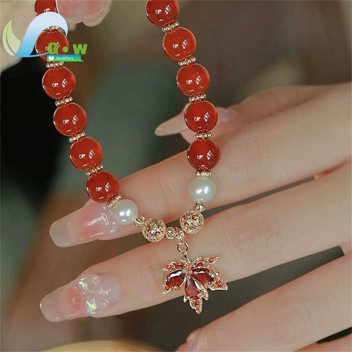 Red Crystal Beaded with Rhinestones MAPle Pendant - Retro Friendship Jewelry Gift for Women Girls Teens Fashion C251105