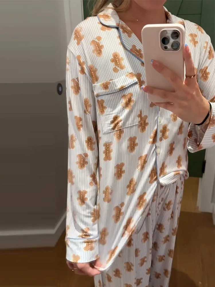 Print Pajama Skirt Pant Loose Two Piece Suit Lapel Neck Full Sve Top Empire Waist Pant Set 2025 Female Christmas Outerwear W251104