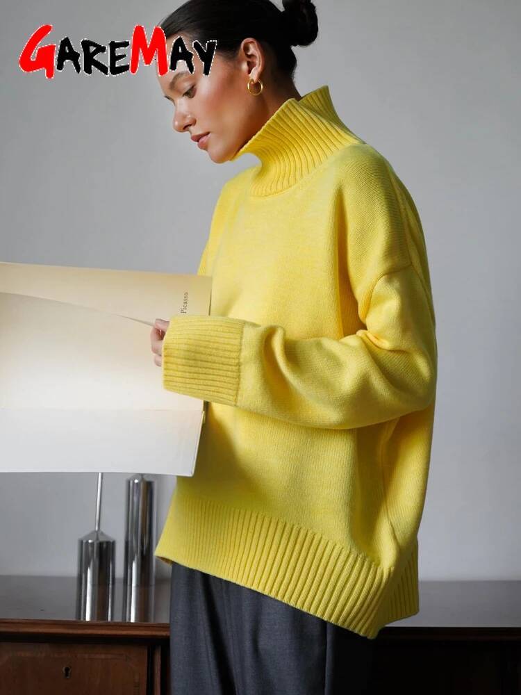 winter jacket women Autumn Women's Knitted Sweater Oversize High Collar Yellow Pullover Soft Winter Warm Vintage Red Sweaters for Women