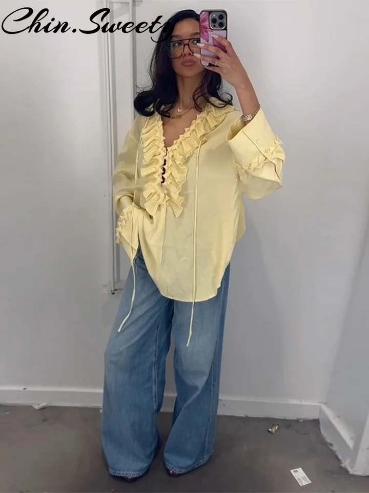 Vacation Chiffon Lace Up Shirt Women Solid Ruffle Long Flare Sleeve V-neck Loose Shirts Female 2025 Spring Summer Chic Top Lady 250402