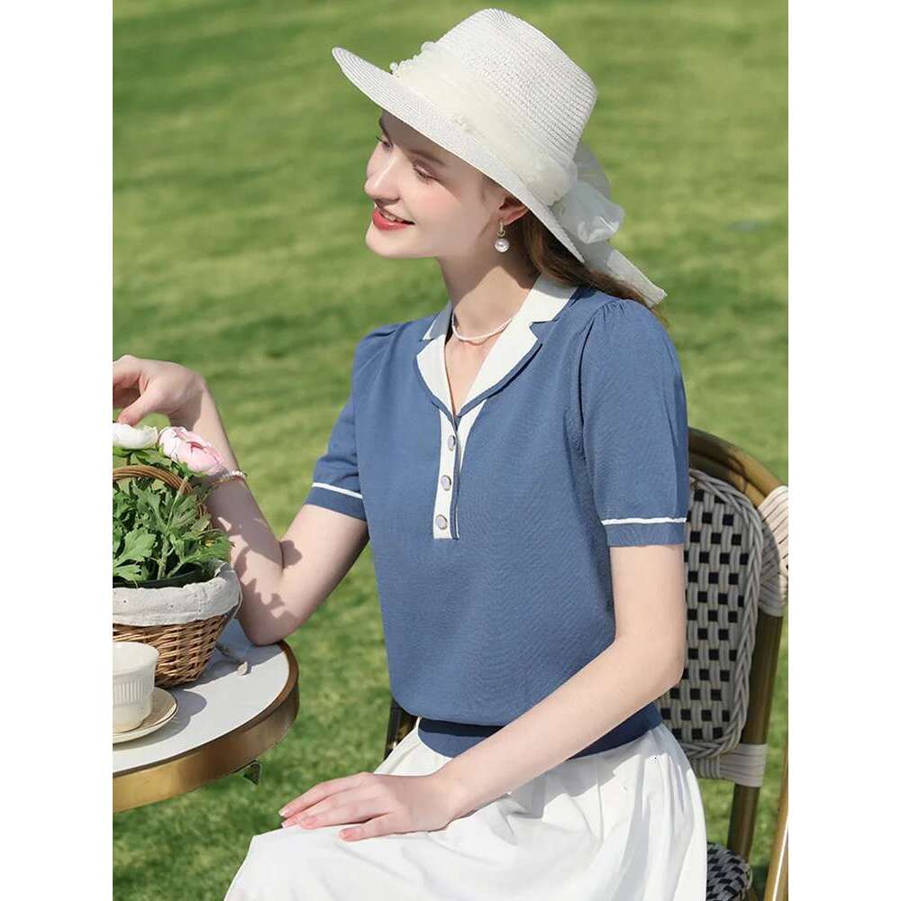 French Retro Lapel Short Wool Knitted Tees 2025 Summer Waist Temperament Tops Puff Sleeve Top