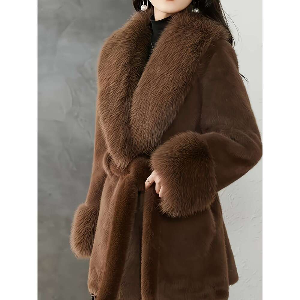 Plus Size Women's - Elegant V-Neck Long Coat With Lace-Up Front, Plush Faux Fur For Warmth, Chic Cold Weather Outerwear In ///Navy ///, Soft Lini