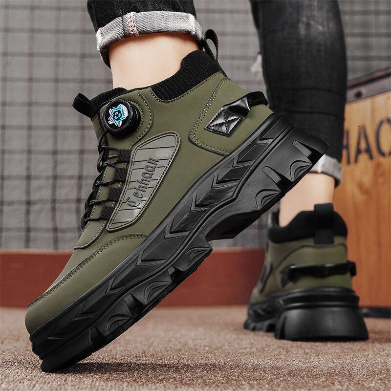 Autumn Winter New Men's High-top Martin Boots with Rotating Buckle No-tie Outdoor Hiking Wear-resistant Work Shoes for Men