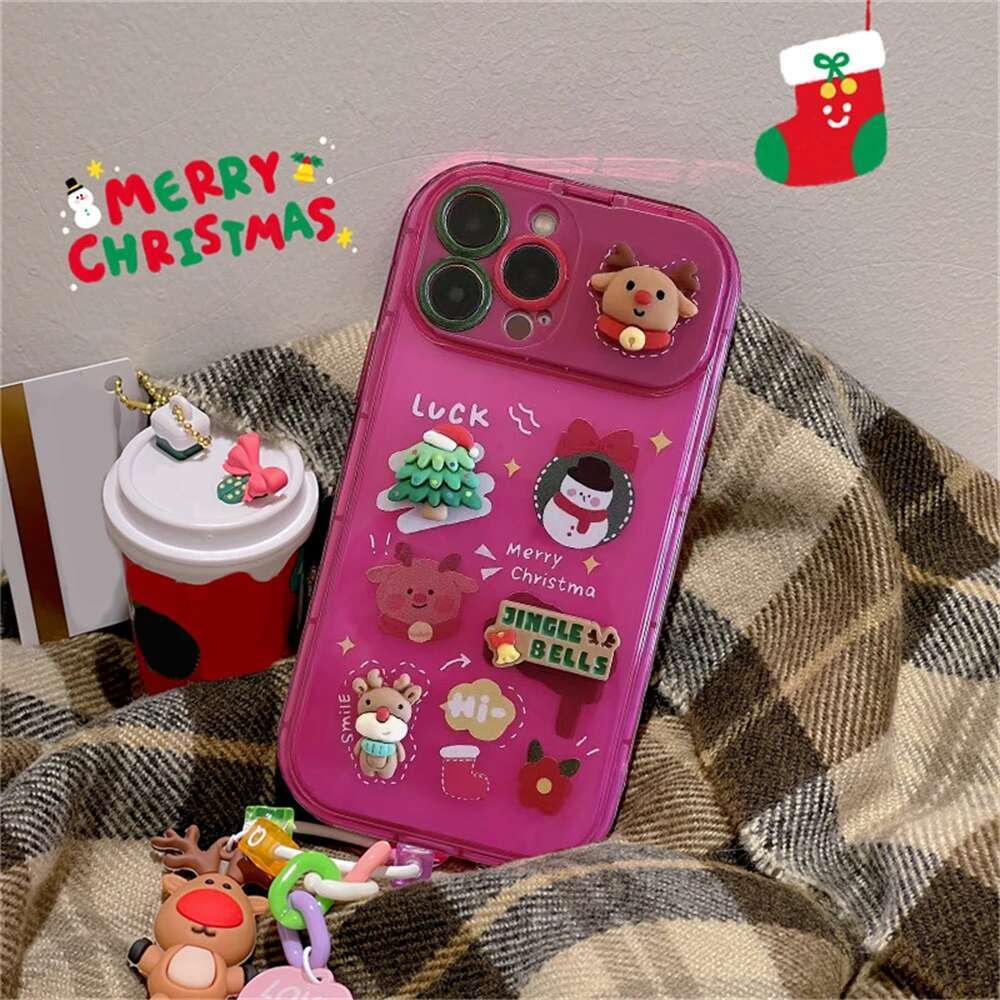 Korea Cute Cartoon Christmas Elk Pendant Case For iPhone 16 15 14 13 12 11 Pro Max XR Santa Claus Keychain Soft Shockproof Cover