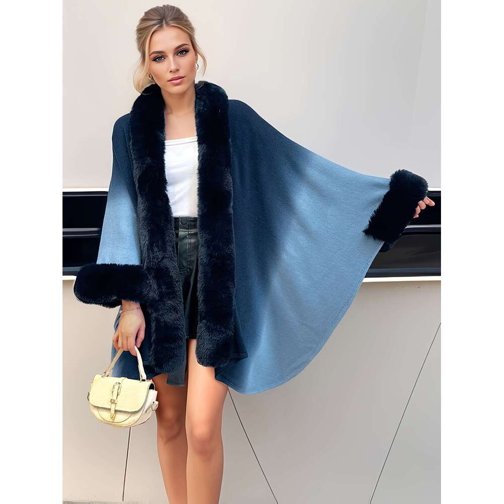 Women's Oversized Korean Fashion Winter - Collar Gradient Grey/Black Cape Cloak With Plush Trim, Wrap Shawl Mantle & Elegant Casual Or Formal Eve