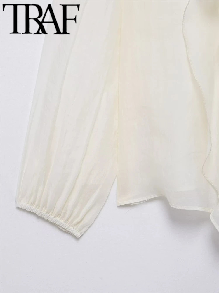 TRAF ROBE Y2K Lightweight Women Casual Blouse 2025 Summer Semi Sheer Tierred Ruffles V Neck Long Sleeve Fitted Shirt Female Top 250402