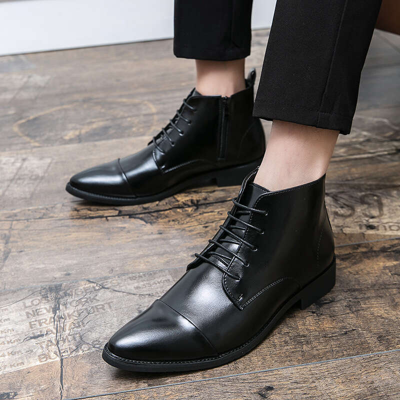 Large size fashionable youth lace up high top Martin British style men's pointed zippered formal leather boots