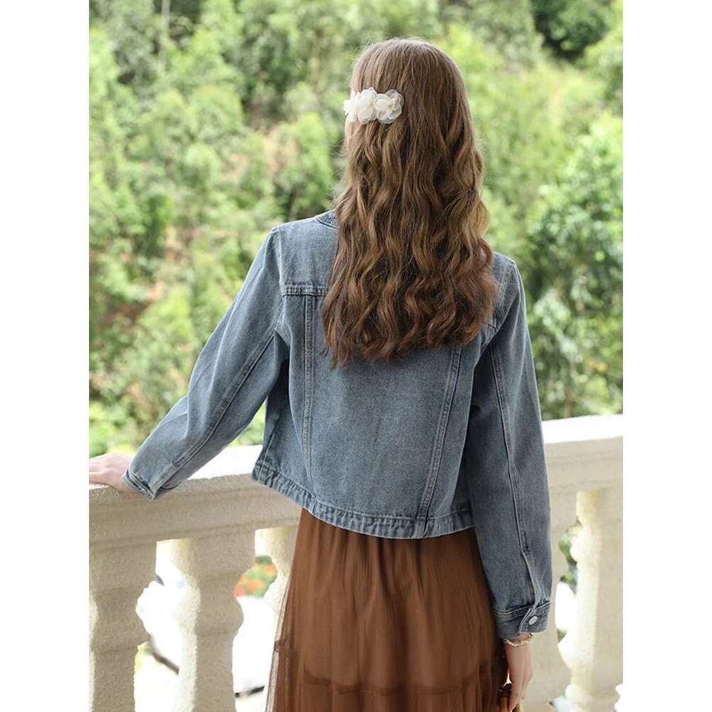 Short Denim Coat For Women Crew Neck Autumn New Casual Basic Straight Comfort Retro Female Jackets