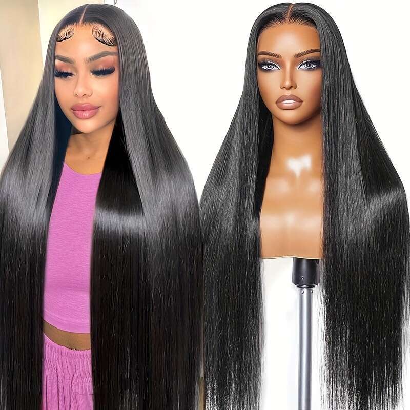 Brazilian Virgin Human Straight Front 13X4 HD 180% Density Glueless For - Pre-Plucked With Baby Natural Black, Full Lace Versatile Wig, Sleek Hair Wig