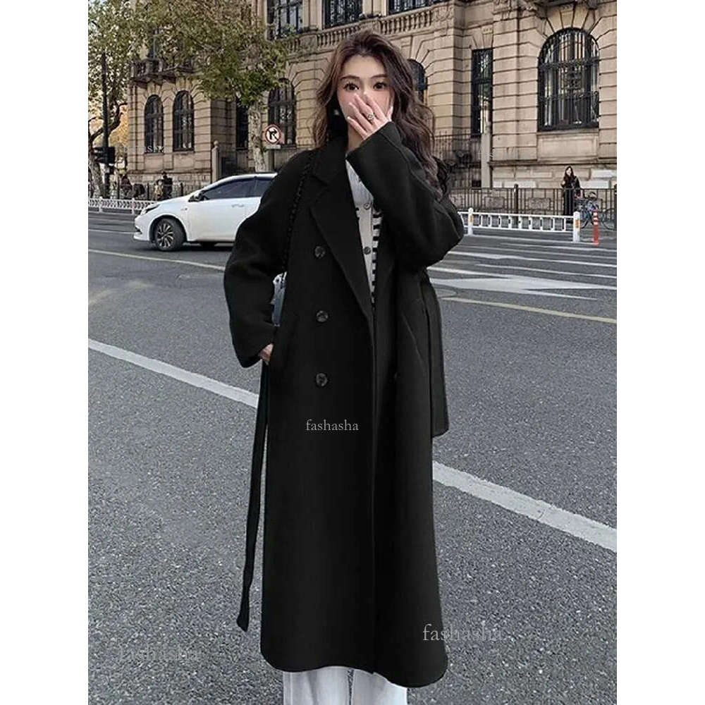 Women Jacket Lace up Simple Spring Korean Faux Woolen Full Sleeve Double Breasted Midi Coat Female Causal Loose Outwears 240729