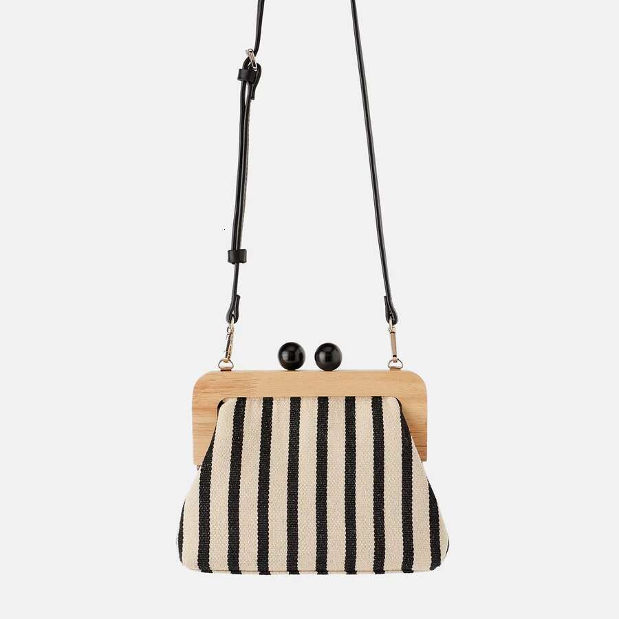 Retro Striped Wooden Clip Shell For Women Messenger Bag Canvas Bead Shoulder Crossbody Bags Ladies Clutch Purse Bolsa Mujer