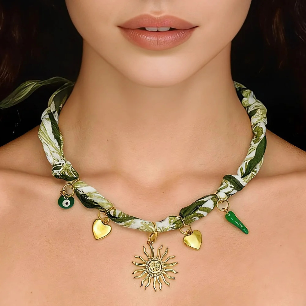 Handmade Fabric Bandana Necklace Adjustable Necklace with Golden Sun Heart Charms 251031