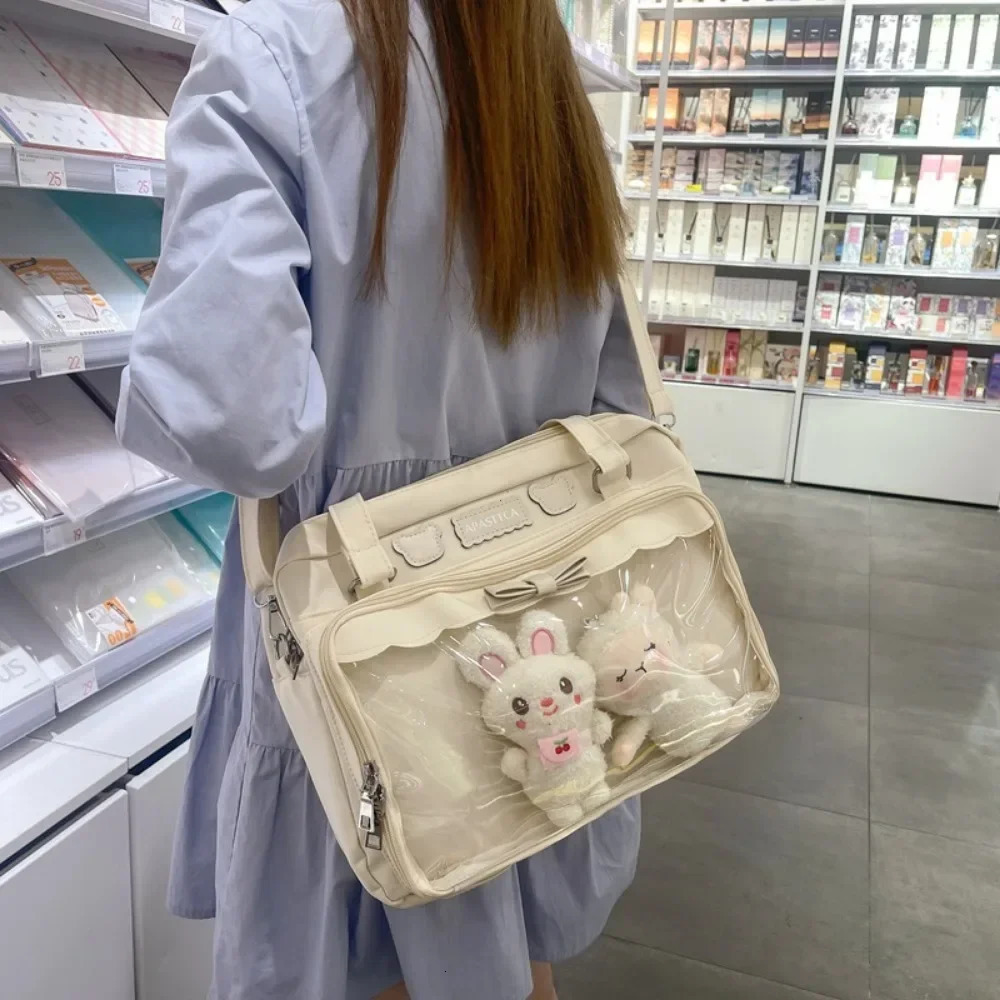 Japanese Cute Transparent Canvas Itabag Fashion Girls One Shoulder Bag Student Personality Crossbody with Badge Doll Ita 251030